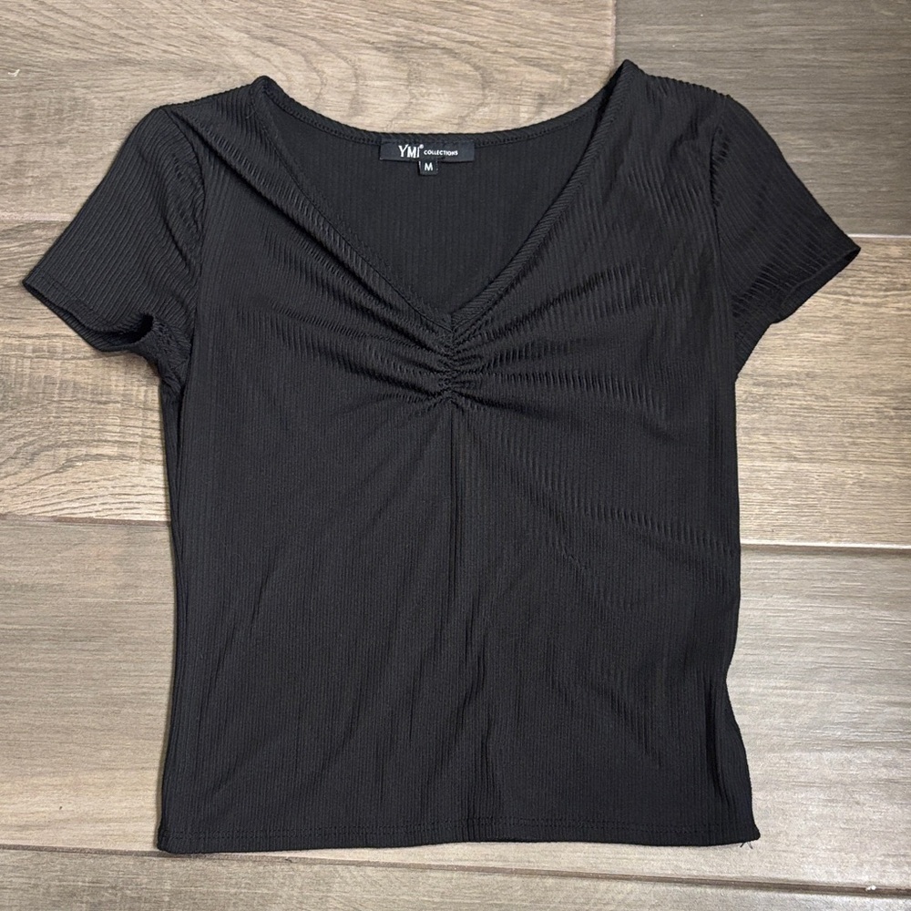 YMI Black Textured V-Neck Tee